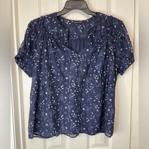 Decker Blue White Sheer Dark Floral Fairy Grunge Split V Neck Top size Medium